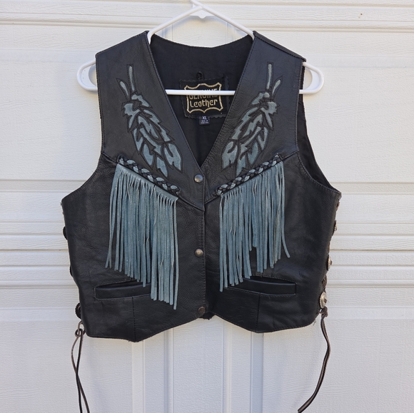 Edgy Black Leather Vest with Blue Fringe - Picture 6 of 6